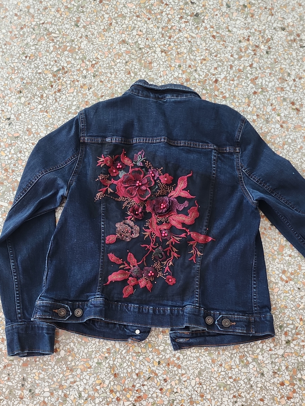 Dark Blue Denim Jacket with Red Floral Embroidery